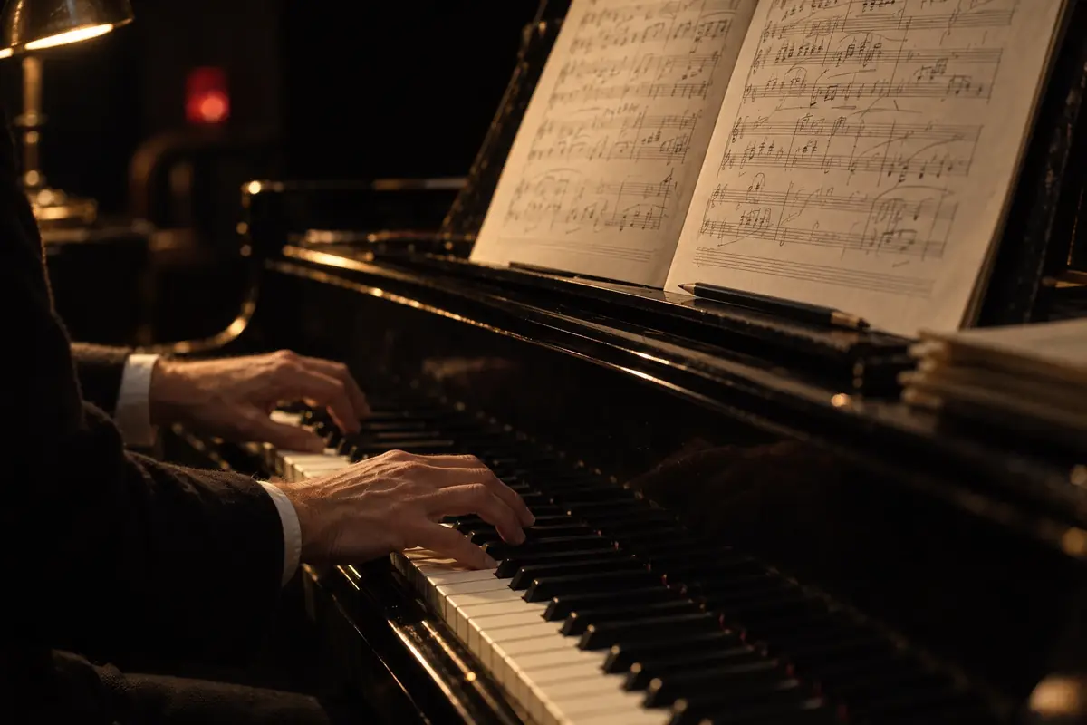 A composer's hands on the keys of a grand piano beside handwritten orchestral score pages.