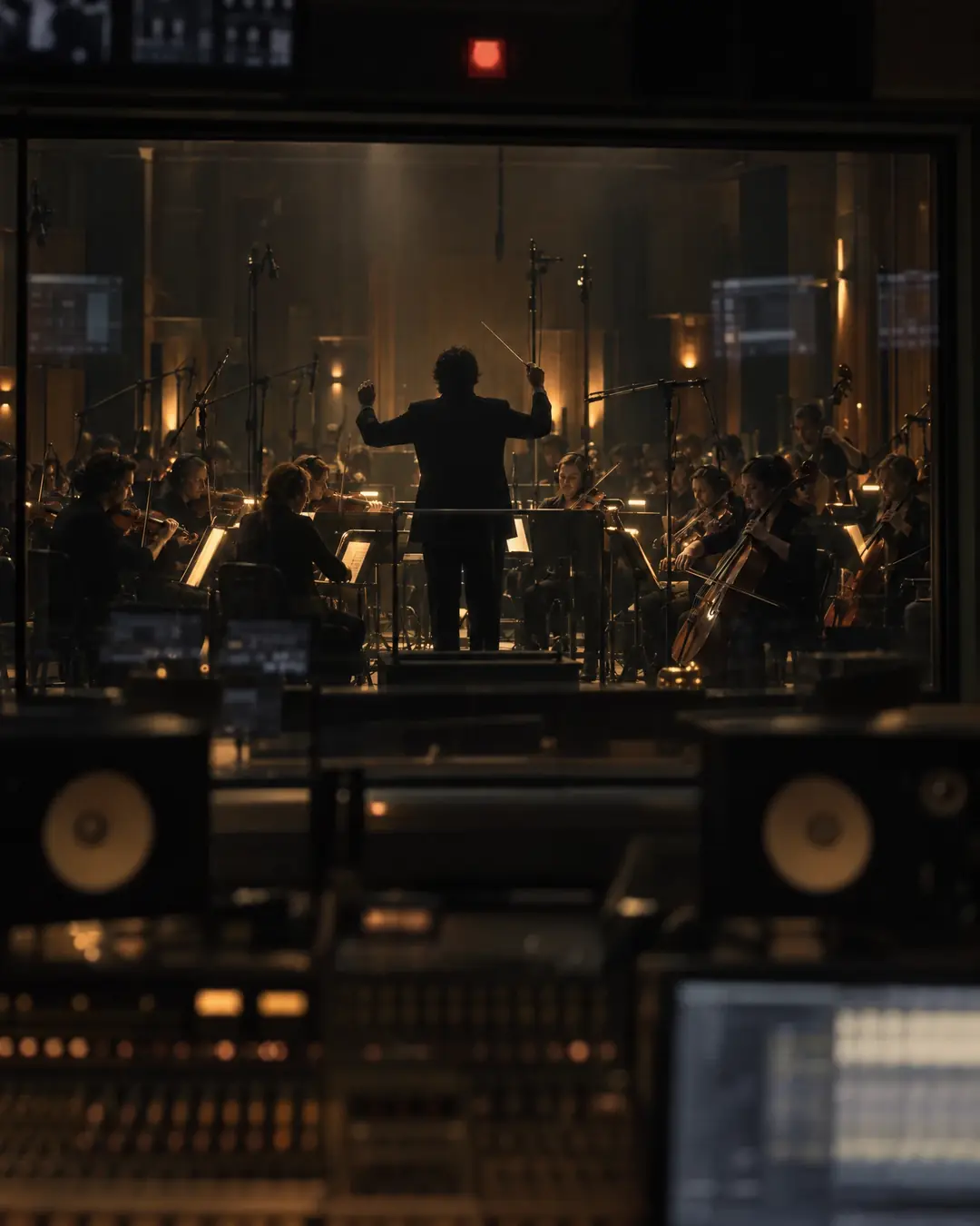 View from a dark control room through the glass onto a scoring stage, where a conductor leads a string orchestra under warm light.